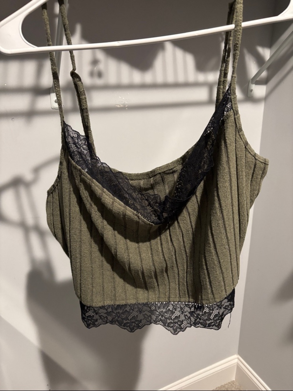 Olive Ribbed Lace-Trim Cami Top